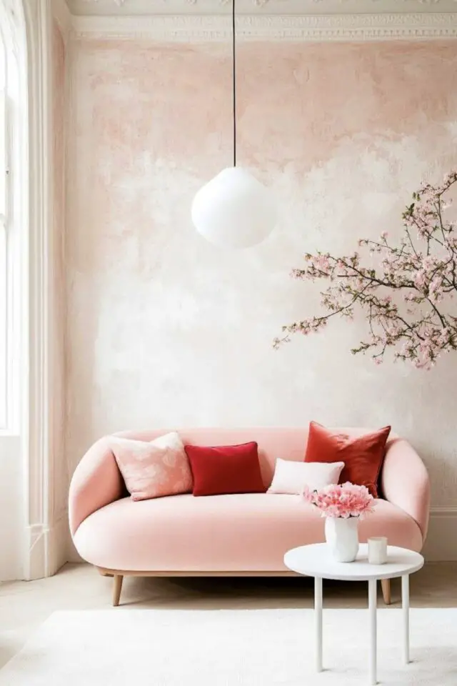 décoration intérieure moderne camaïeux rose salon douceur nuance pastel touche de rouge coussin canapé velours décoration intérieure moderne camaïeux rose salon douceur nuance pastel touche de rouge coussin canapé velours