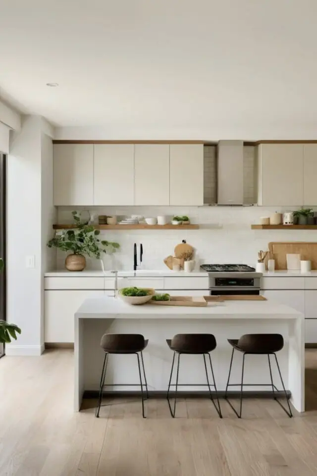 décoration de cuisine simple et moderne grand espace ouvert îlot central blanc tabouret minimaliste contraste décoration de cuisine simple et moderne grand espace ouvert îlot central blanc tabouret minimaliste contraste