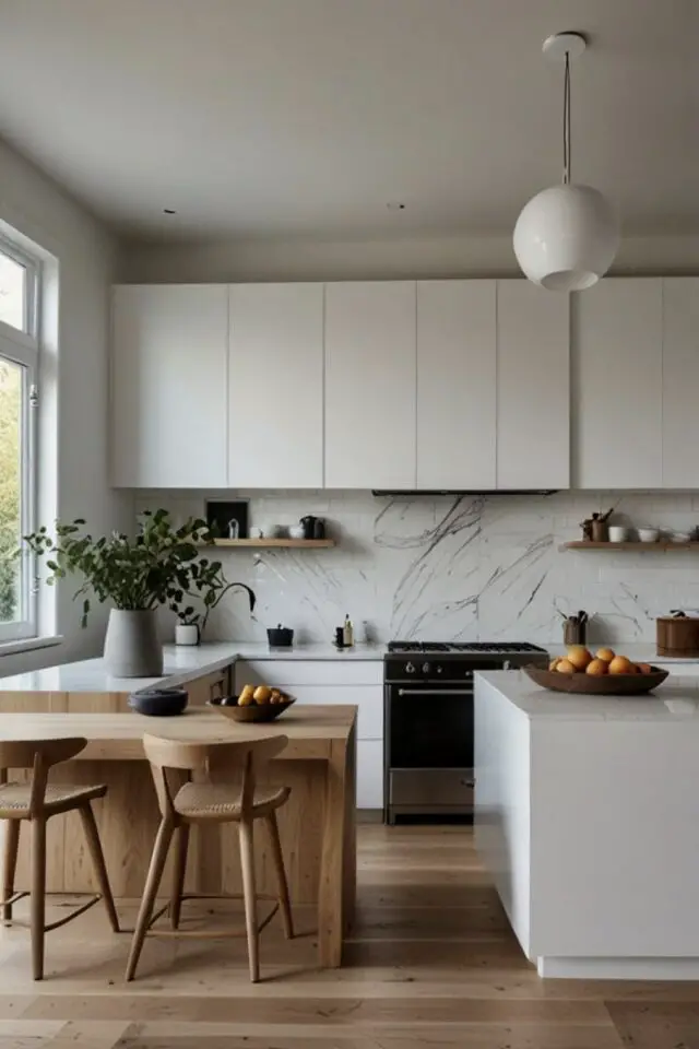 meuble épuré crédence marbrée îlot en bois repas tabouret déco de cuisine simple et moderne espace lumineux meuble épuré crédence marbrée îlot en bois repas tabouret déco de cuisine simple et moderne espace lumineux
