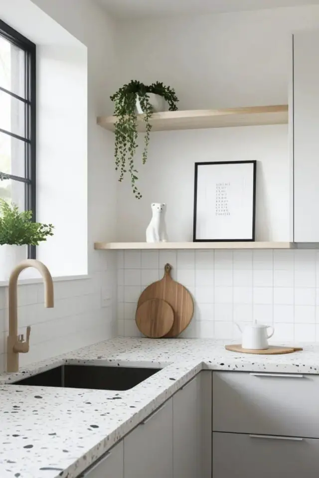 cuisine simple et moderne esprit minimaliste plan de travail terrazzo étagère en bois claur meuble gris clair cuisine simple et moderne esprit minimaliste plan de travail terrazzo étagère en bois claur meuble gris clair