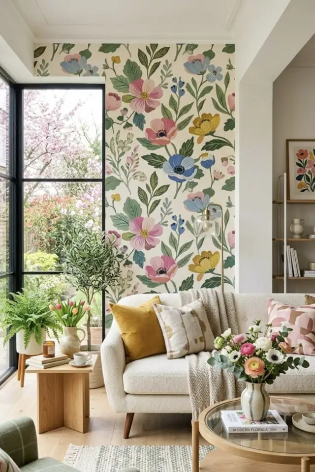 décoration intérieure fleur papier peint déco mur salon séjour ambiance printanier fond blanc 