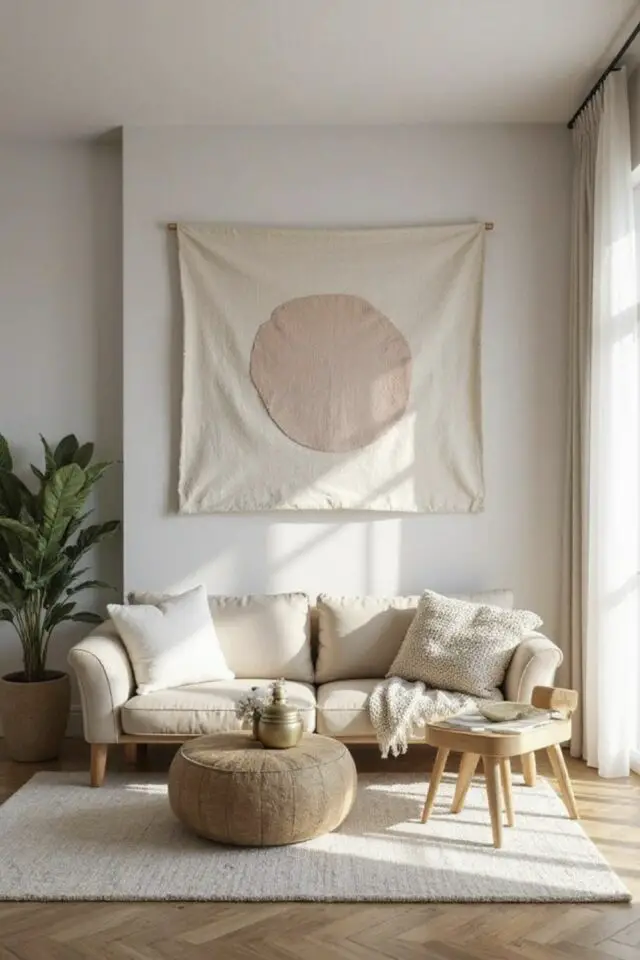 décorer et habiller un mur blanc petit salon moderne tenture tapisserie épurée simple à accrocher au dessus du canapé décorer et habiller un mur blanc petit salon moderne tenture tapisserie épurée simple à accrocher au dessus du canapé