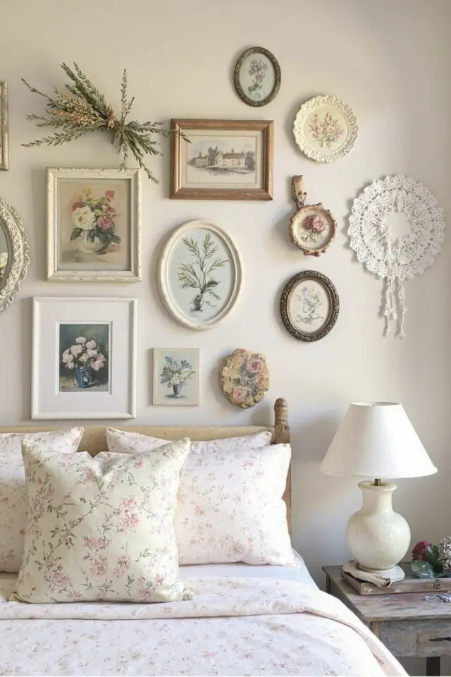 habiller mur blanc exemple chambre parentale shabby chic classique galerie de cadres éclectiques au dessus de la tête de lit habiller mur blanc exemple chambre parentale shabby chic classique galerie de cadres éclectiques au dessus de la tête de lit
