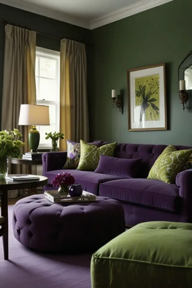 décoration salon couleur violet et vert olive association de couleur mur canapé fauteuil idée déco à copier décoration salon couleur violet et vert olive association de couleur mur canapé fauteuil idée déco à copier