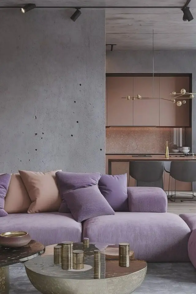 décoration salon couleur violet inspirations canapé coloré en velours mur gris effet béton ciré décoration salon couleur violet inspirations canapé coloré en velours mur gris effet béton ciré