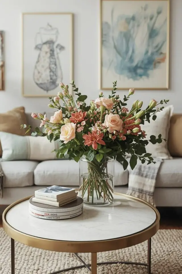 décorer le salon avec des fleurs idées à copier joli bouquet table basse ronde 