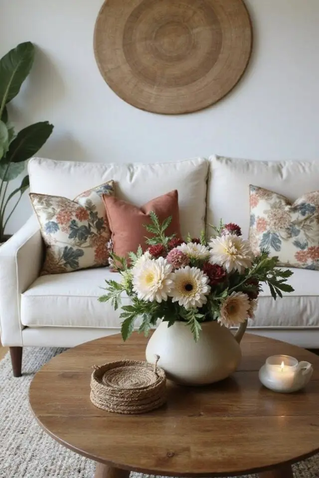 décorer le salon avec des fleurs idées à copier bouquet printanier table basse en bois vase canapé coussin motif floral 