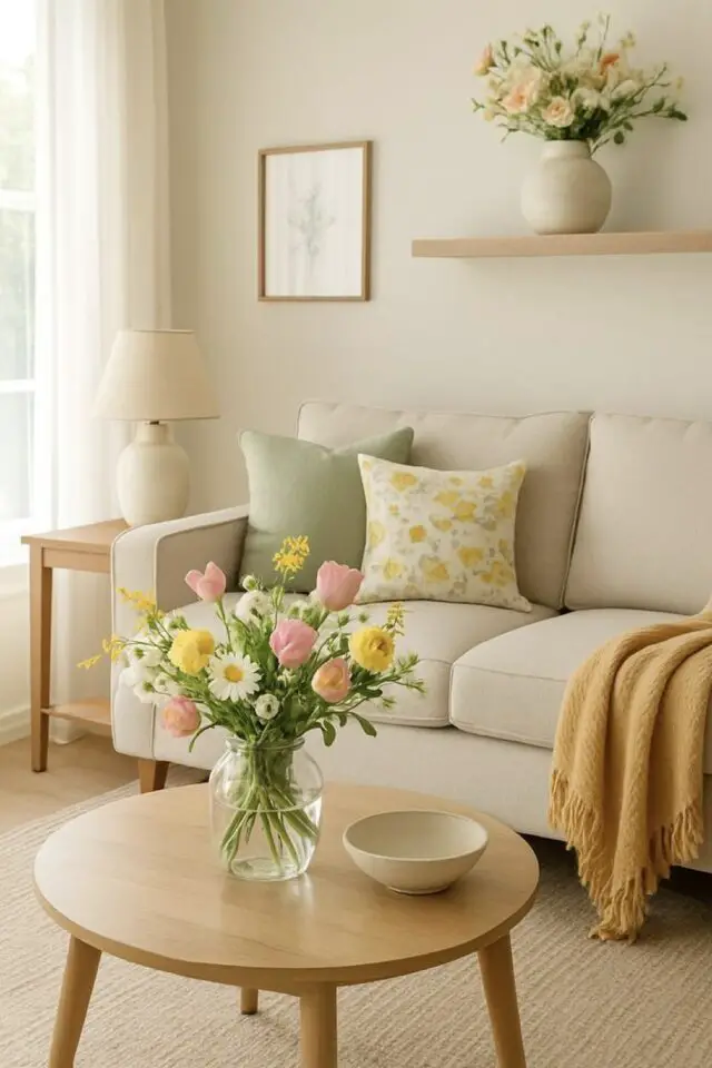 décorer le salon avec des fleurs idées à copier bouquet couleur pastel rose et jaune table basse exemple facile 