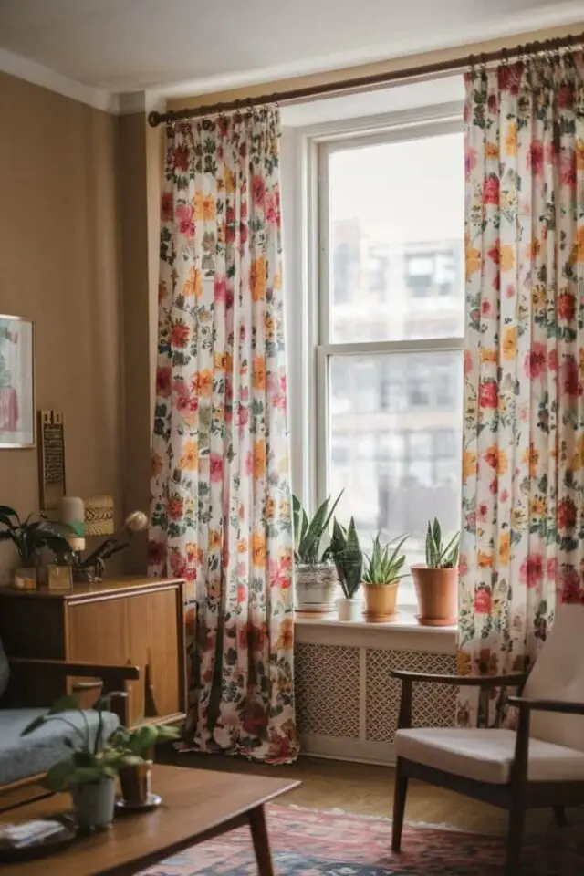 décorer le salon avec des fleurs idées à copier rideau imprimé floral inspiration printanière 