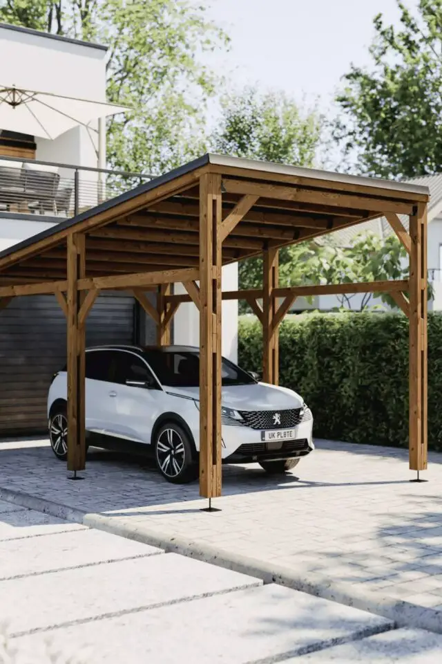 exemple carport en bois autoportant 1 voiture aménagement parking couvert devant garage 