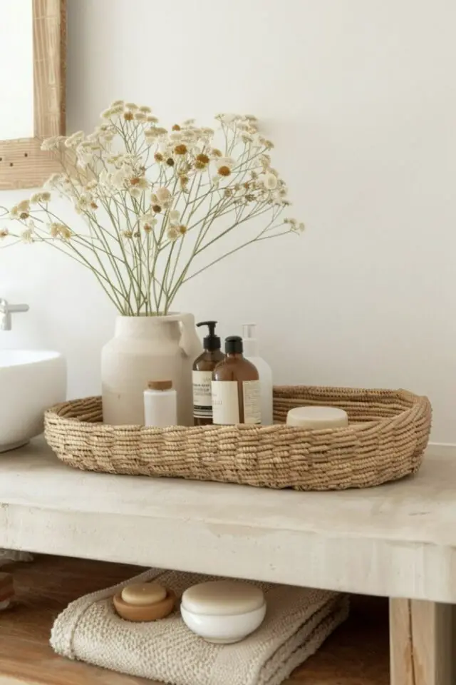 home staging mise en scène à copier salle de bain idée facile rangement produits de beauté petit panier naturel chaleureux home staging mise en scène à copier salle de bain idée facile rangement produits de beauté petit panier naturel chaleureux