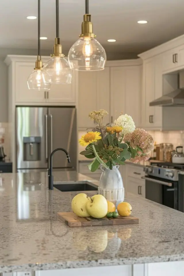 home staging mise en scène à copier îlot de cuisine luminaires en verre petite déco simple fruits et fleurs idée de fraîcheur home staging mise en scène à copier îlot de cuisine luminaires en verre petite déco simple fruits et fleurs idée de fraîcheur