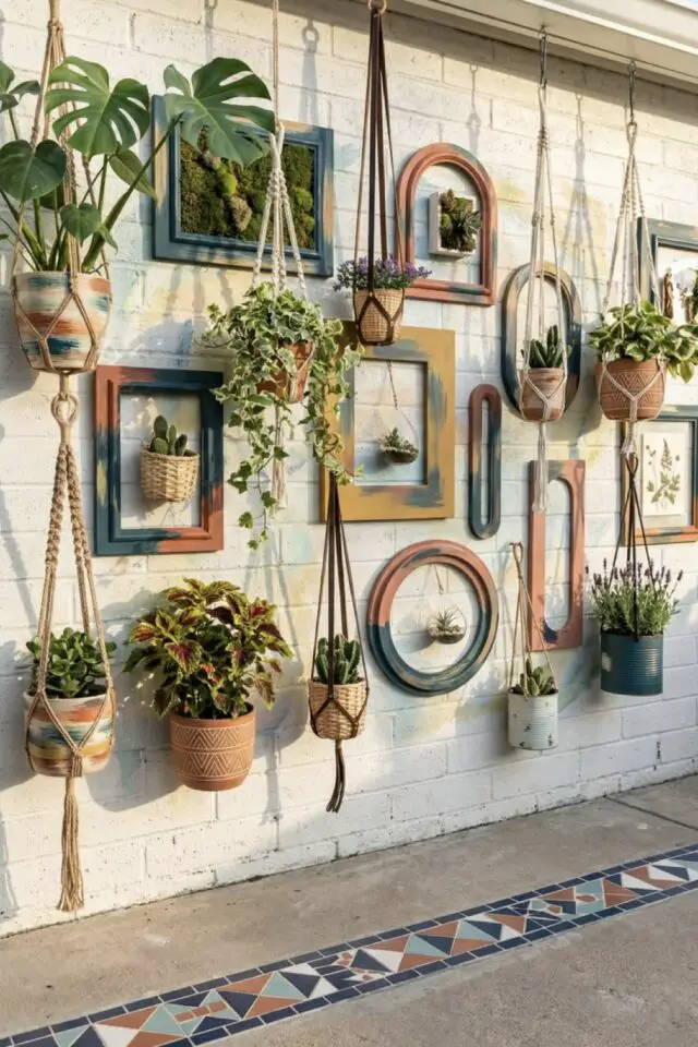mur terrasse récup cadre peinture pot de fleurs macramé suspendu idée pas cher petit budget et facile à faire mur terrasse récup cadre peinture pot de fleurs macramé suspendu idée pas cher petit budget et facile à faire