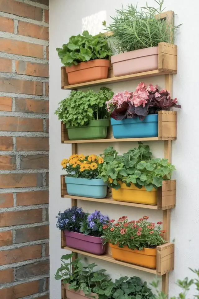 mur terrasse récup bois de palettes étagère murale pour poser jardinières colorée idée pas cher mur terrasse récup bois de palettes étagère murale pour poser jardinières colorée idée pas cher