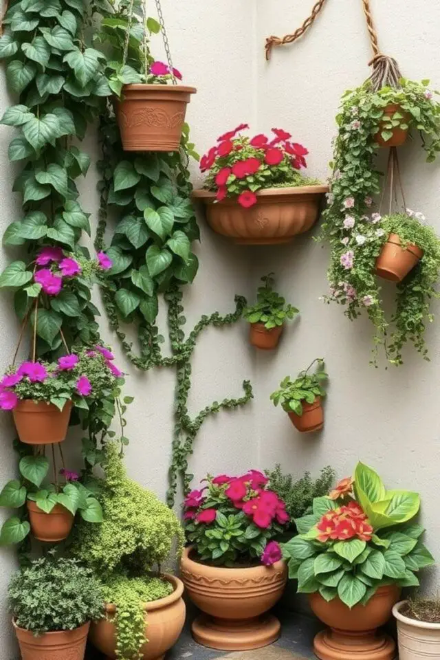 mur terrasse coin angle simple plantes vertes posées au sol et suspendues au mur mur terrasse coin angle simple plantes vertes posées au sol et suspendues au mur