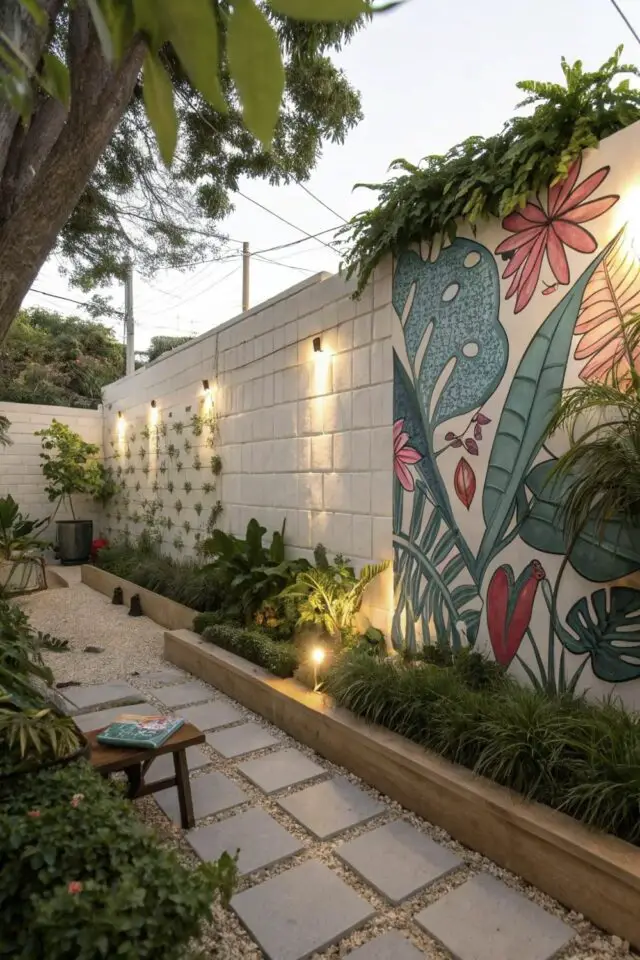 mur terrasse peinture parpaing blanc fresque végétale dessinée sur un pan de l'espace applique murale extérieure mur terrasse peinture parpaing blanc fresque végétale dessinée sur un pan de l'espace applique murale extérieure