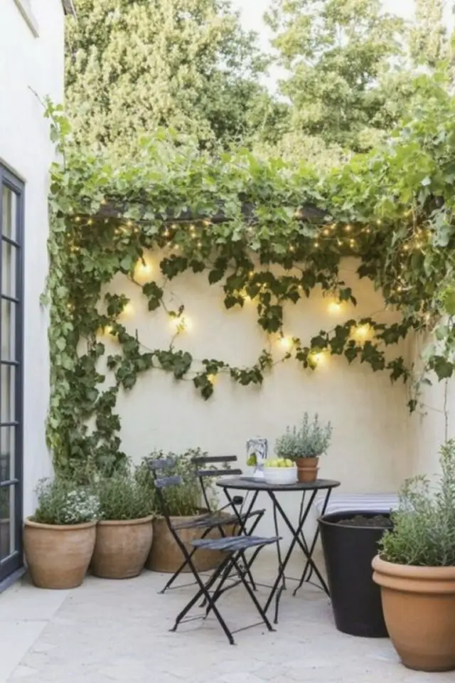 mur terrasse patio plante grimpante vigne en pot associée avec une guirlande électrique extérieure petit coin repas meuble de jardin en métal mur terrasse patio plante grimpante vigne en pot associée avec une guirlande électrique extérieure petit coin repas meuble de jardin en métal