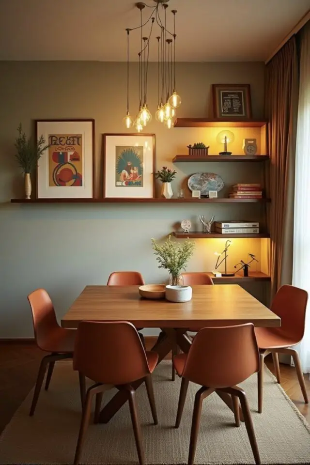 petit espace salle à manger petite table carrée en bois fauteuil vintage Eames coloré mur vert étagères murales 