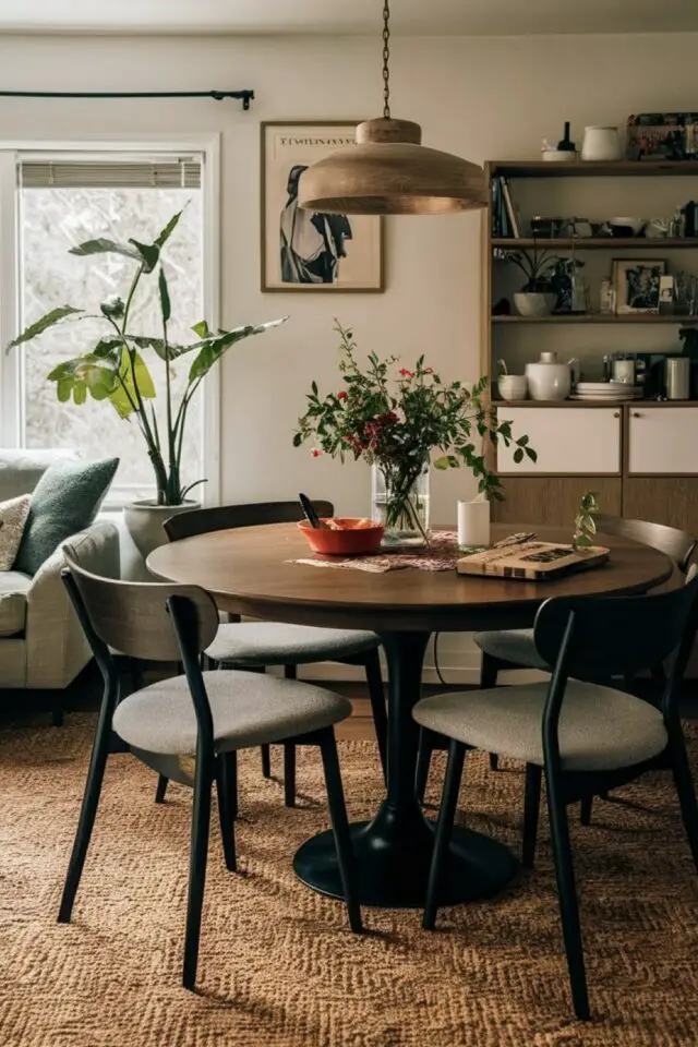 petit espace salle à manger petite table ronde pied tulipe chaise élégante coin repas dans le salon 