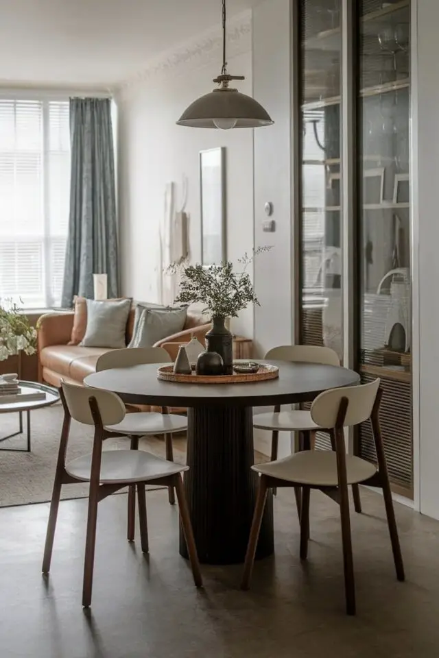 petit espace salle à manger coin repas dans le salon table ronde 4 personne avec piètement central meuble vitrine 