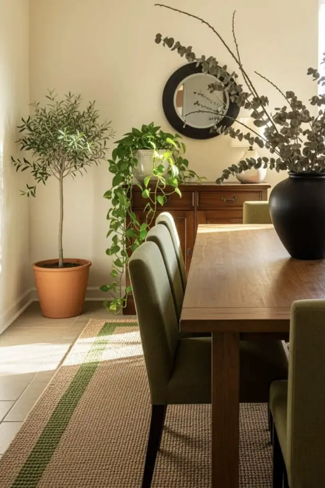 petit espace salle à manger table en bois rectangulaire tapis couleur naturel et vert ambiance nature 