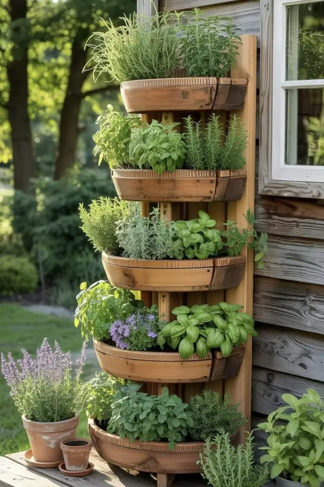 petit potager gain de place faire pousser herbes aromatiques facilement pot de fleurs plusieurs étages près de la fenêtre de la cuisine 