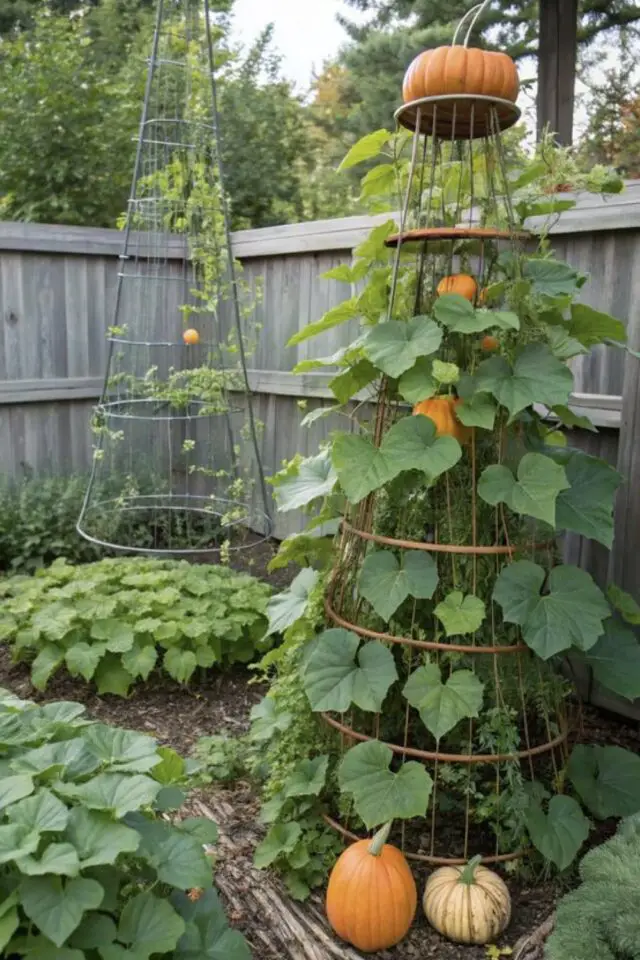 petit potager gain de place jardin structure pour courge et citrouille plante rampante idée originale 