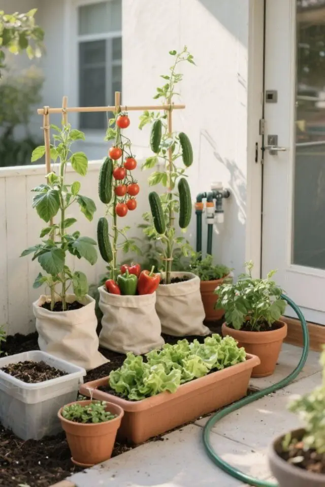 petit potager petit espace extérieur devanture de maison sac avec de la terre et structure en bois pour faire pousser tomate et concombre 
