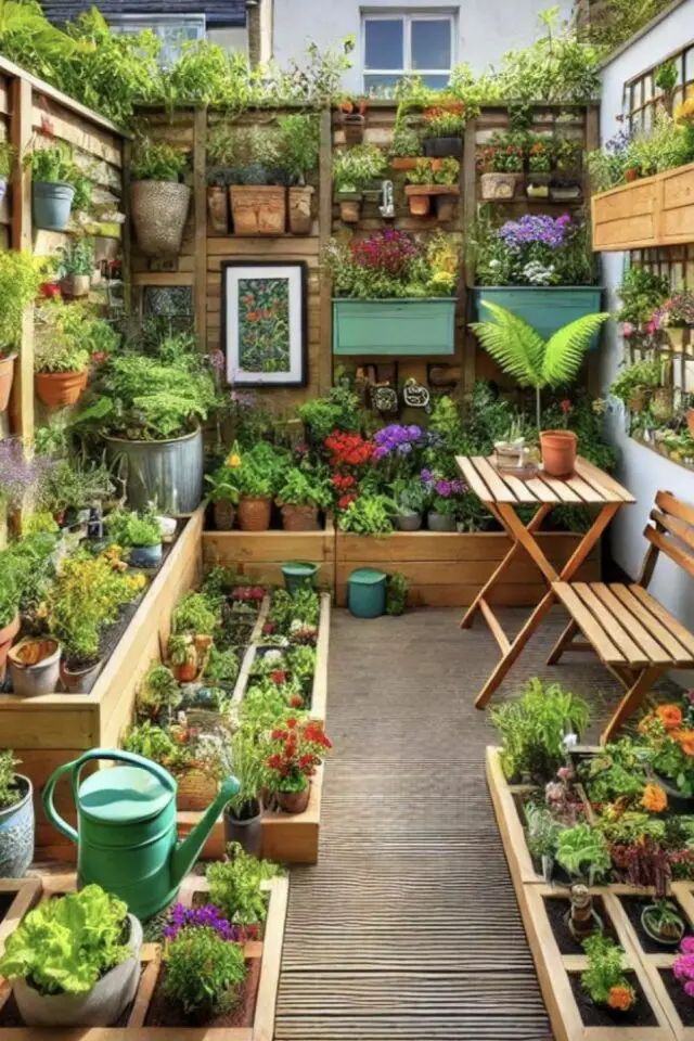 petit potager patio arrière-cour maison de ville espage restreint bac en bois hors sol et pots suspendu mur de terrasse 