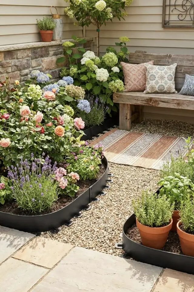 petit potager massif de fleur allée en gravier banc en bois bordure de jardin simple pour délimiter les espace 