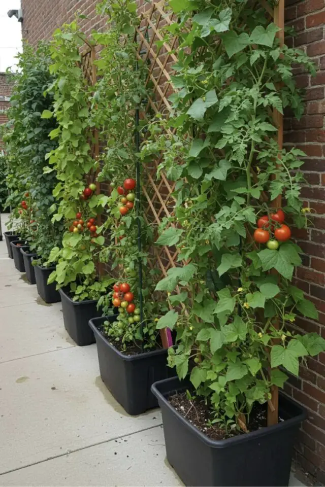 petit potager tomates jardinière treillis culture à la verticale gain de place idée pratique allée 