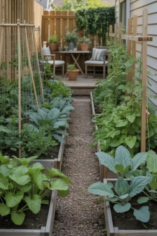 petit potager arrière-court jardinière basse avec structure en bois optimiser espace et coin salon de jardin 