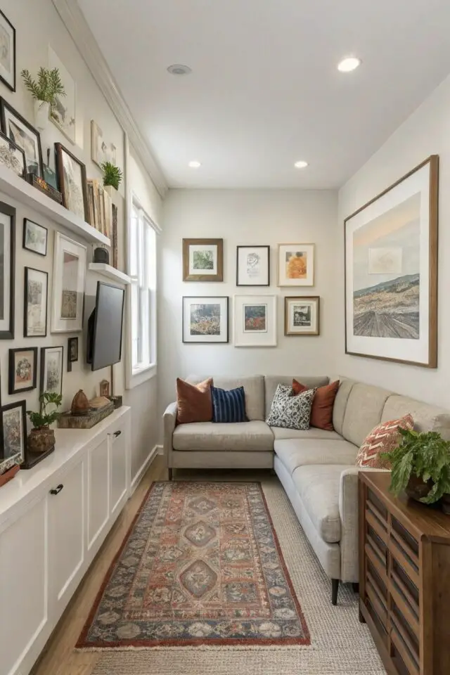 appartement séjour canapé d'angle pièce en longueur télé accrochée au  mur aménagement et décoration petit salon 