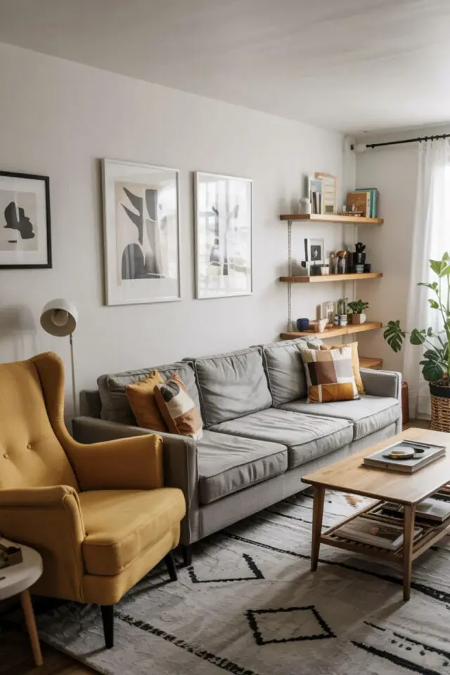 ambiance moderne séjour pièce à vivre espace restreint canapé droit gris fauteuil jaune aménagement et décoration petit salon 