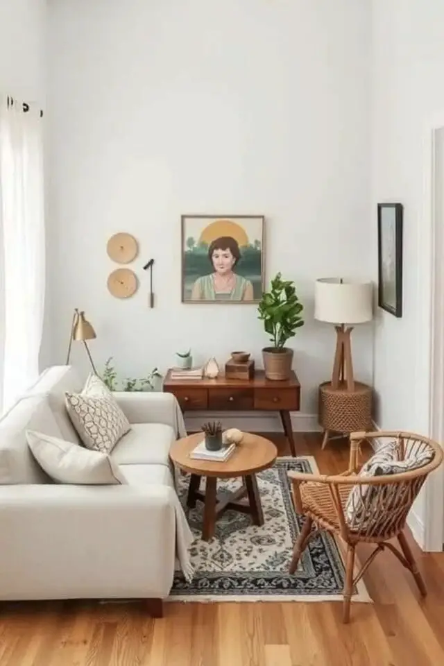 petit espace canapé 2 places droit beige meuble en bois vintage aménagement et décoration petit salon 