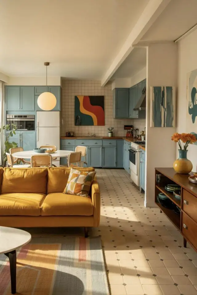 Revêtement de sol salon exemple rénovation pièce à vivre cuisine salle à manger ouverte carrelage vintage 