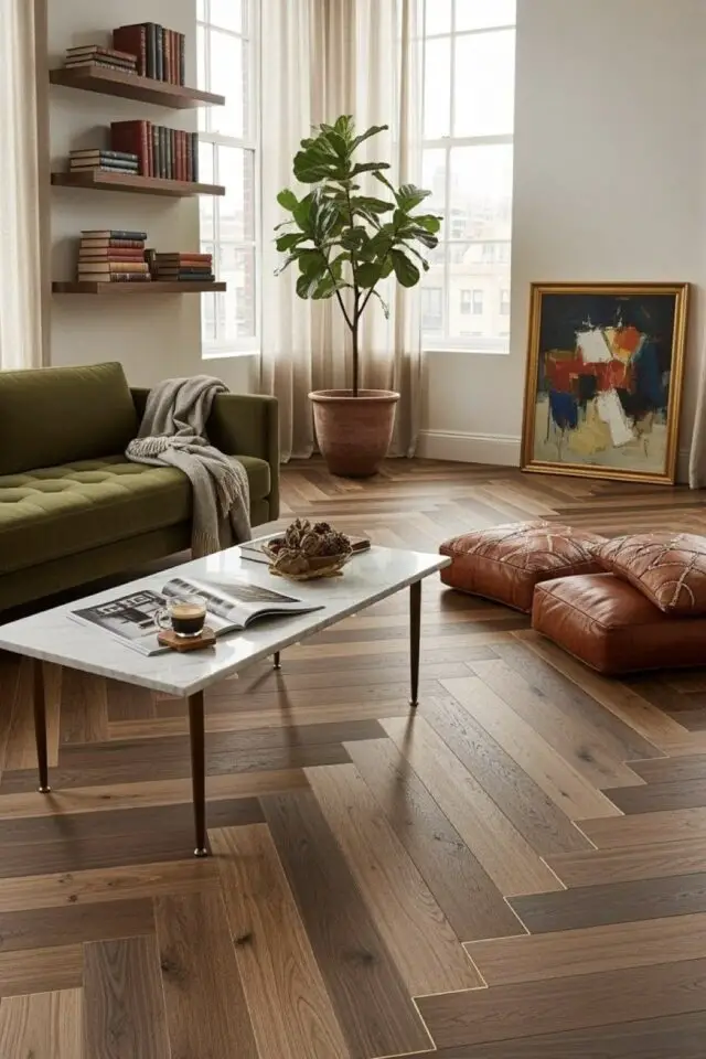 Revêtement de sol salon exemple parquet sombre bâton rompu pose originale élégante 