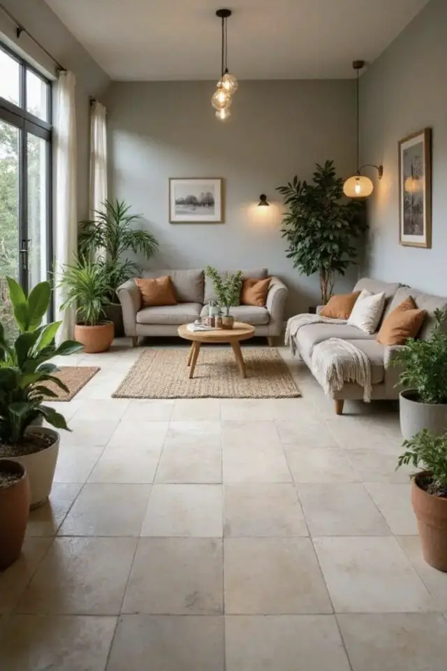 Revêtement de sol salon carrelage effet pierre naturelle rénovation maison 