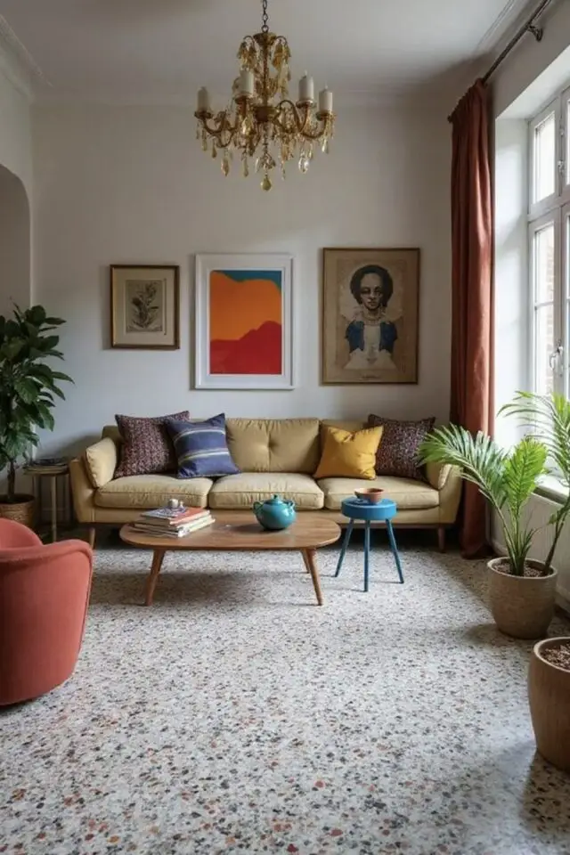 Revêtement de sol salon exemple effet terrazzo rénovation appartement 