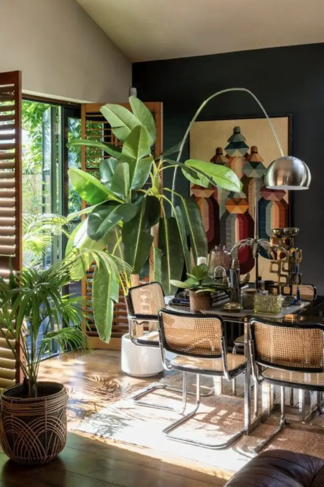 décoration salle à manger style nature indispensable petit espace porte vitrée chaise vintage cannage plante verte mur accent noir 