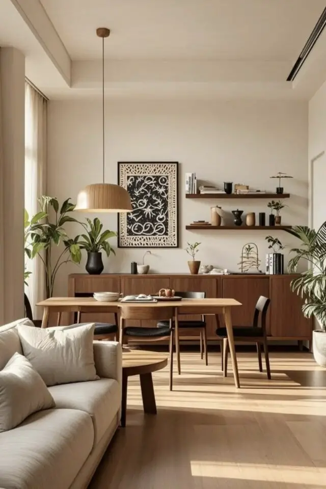 décoration salle à manger style nature indispensable espace ouvert sur le salon table rectangulaire enfilade vintage 