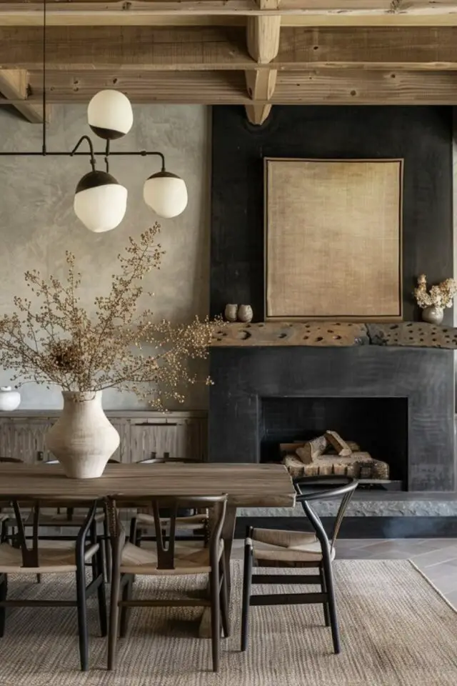 décoration salle à manger style nature indispensable espace zen table en bois cheminée anthracite tapis jute 