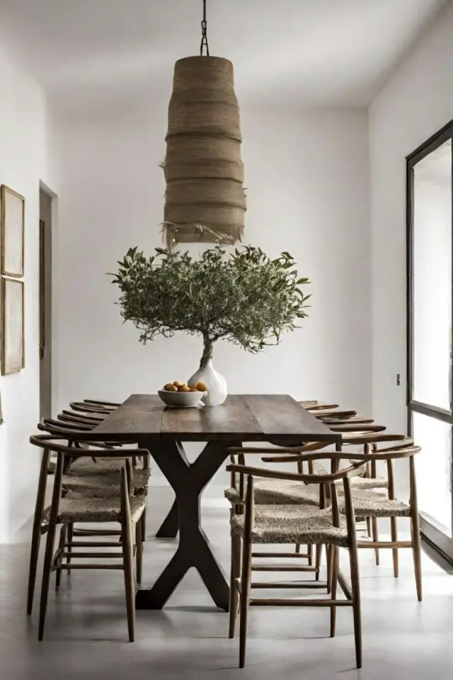 décoration salle à manger style nature indispensable grande table en bois petit espace blanc suspension baie vitrée 