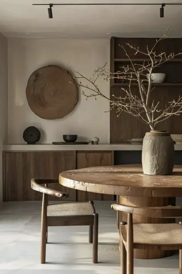 décoration salle à manger style wabi sabi table ronde en bois avec pied central texture mur effet béton meuble 