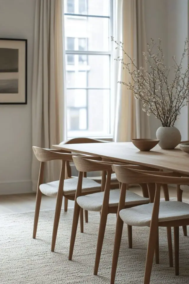 décoration salle à manger style wabi sabi appartement moderne tapis jonc de mer table en bois clair fauteuil incurvé 