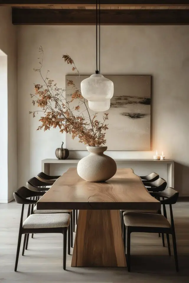 décoration salle à manger style wabi sabi mur beige grande table en bois fauteuil élégant vase XXL en pierre 