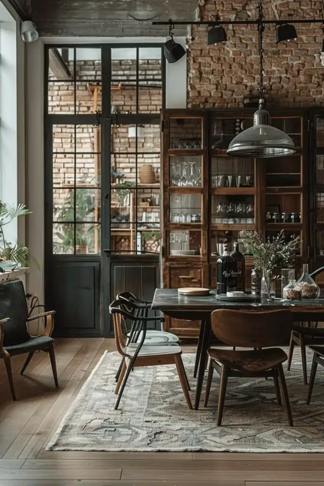 décoration salle à manger style wabi sabi meuble ancien tapis XXL mur en brique mix style industriel 