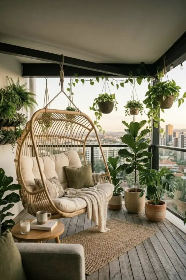 fauteuil suspendu en rotin avec coussin cosy plantes certes tapis jute balcon moderne extérieur