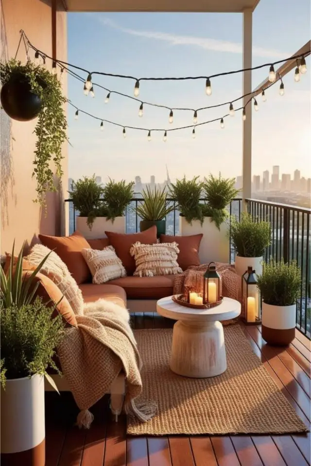 balcon moderne extérieur idées déco couleur chaleureuse terracotta canapé de jardin tapis jute table basse contemporaine et guirlande outdoor 