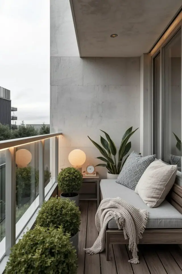 ambiance minimaliste chic exemple balcon moderne extérieur béton ciré banquette bois et coussin gris plante verte et lampe nomade 